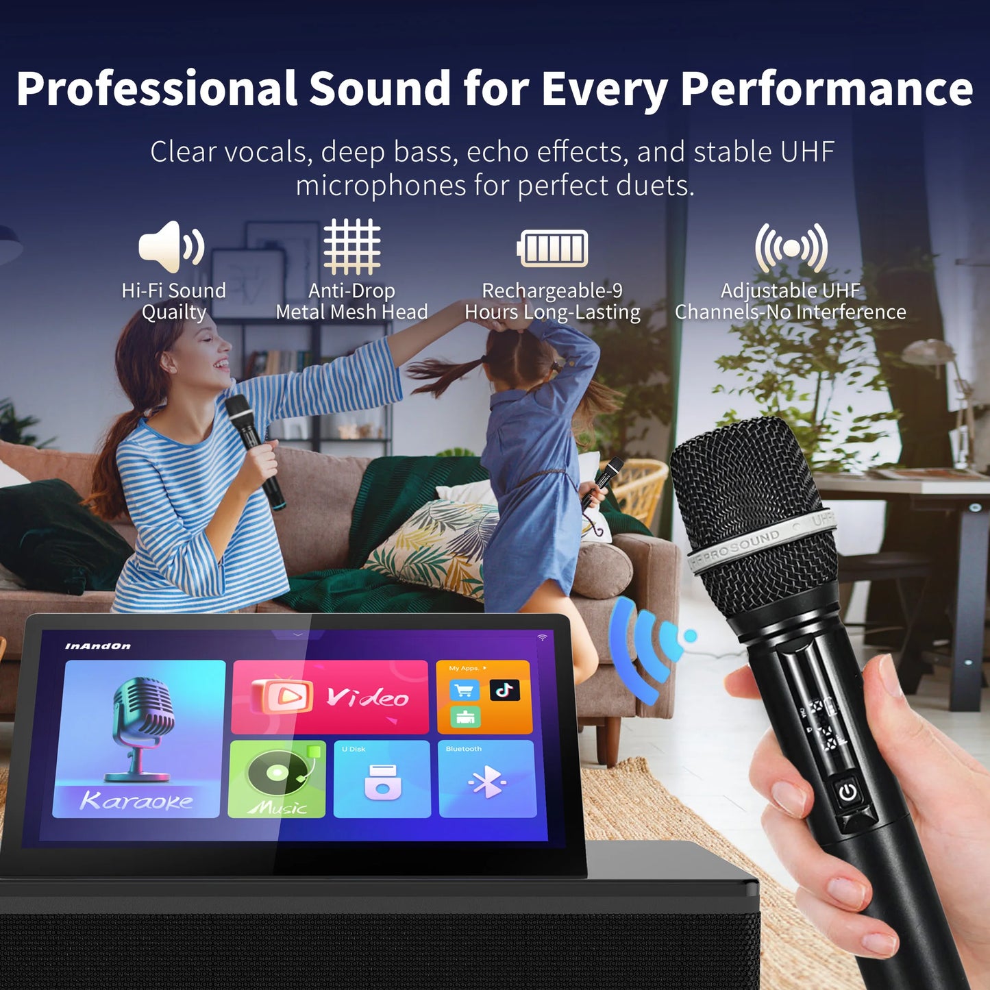 InAndOn M6 Karaoke Machine 12.2" Touch Screen 800W Speaker 2 Wireless Mics YouTube Cloud Library Bluetooth WiFi Home KTV System