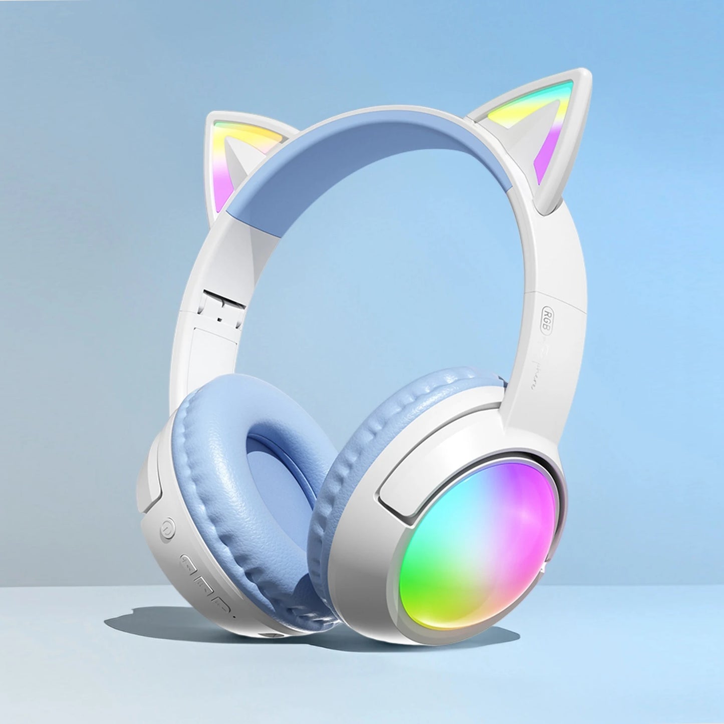 Cute Cat Ear RGB Wireless Headphones, Bluetooth 5.4, 350mAh Battery, 20H Playtime, Foldable Over-Ear Headset with Mic, HiFi Soun