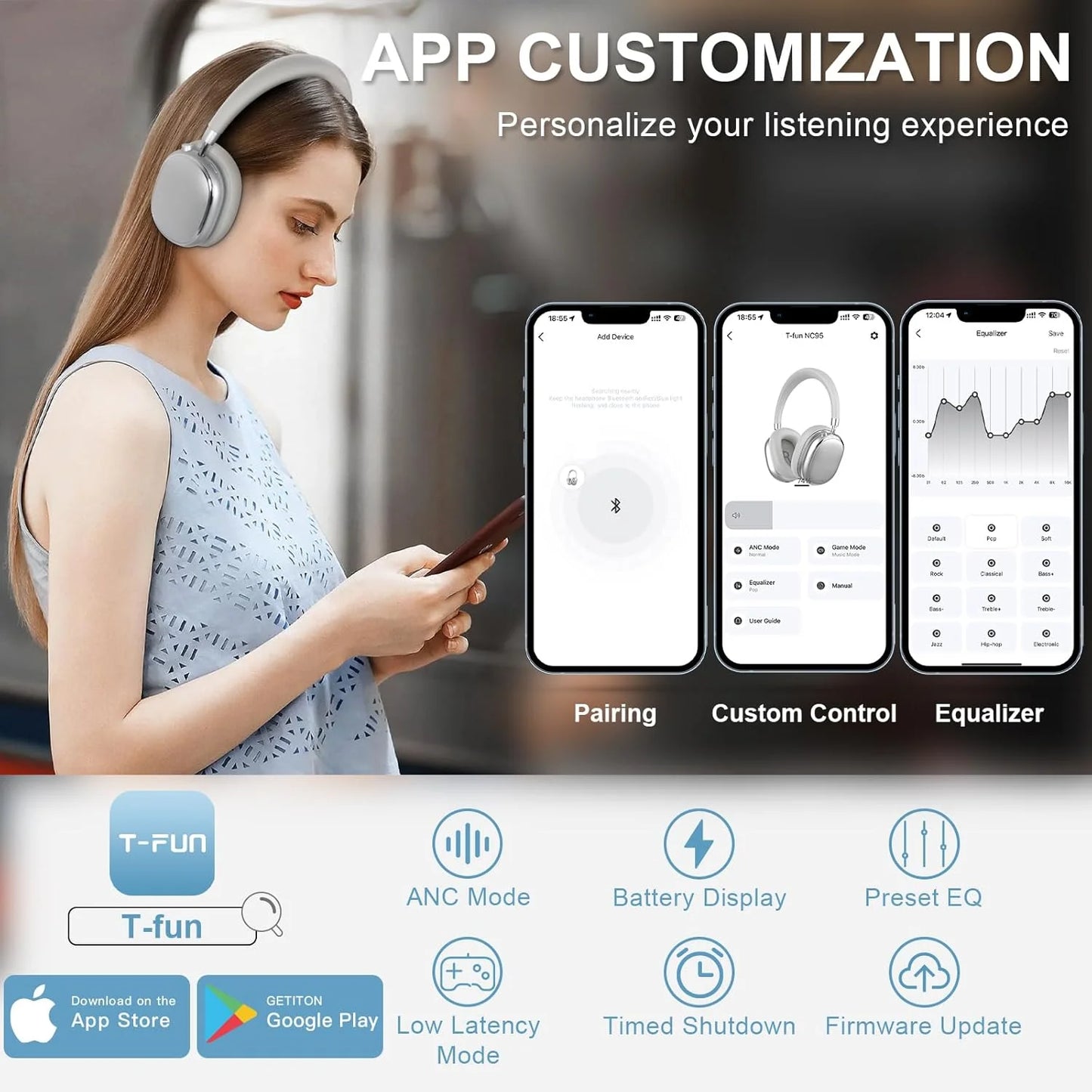 T-fun NC95 Bluetooth Hybrid Active Noise Cancelling Headphones, Built-in Mic, 65H Playtime, App Control, Hi-Res Audio
