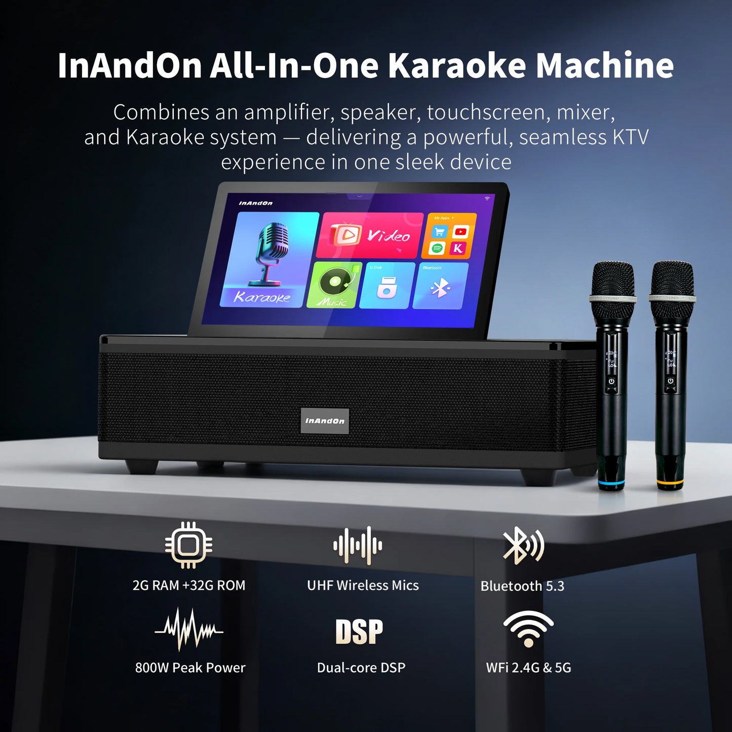 InAndOn M6 Karaoke Machine 12.2" Touch Screen 800W Speaker 2 Wireless Mics YouTube Cloud Library Bluetooth WiFi Home KTV System