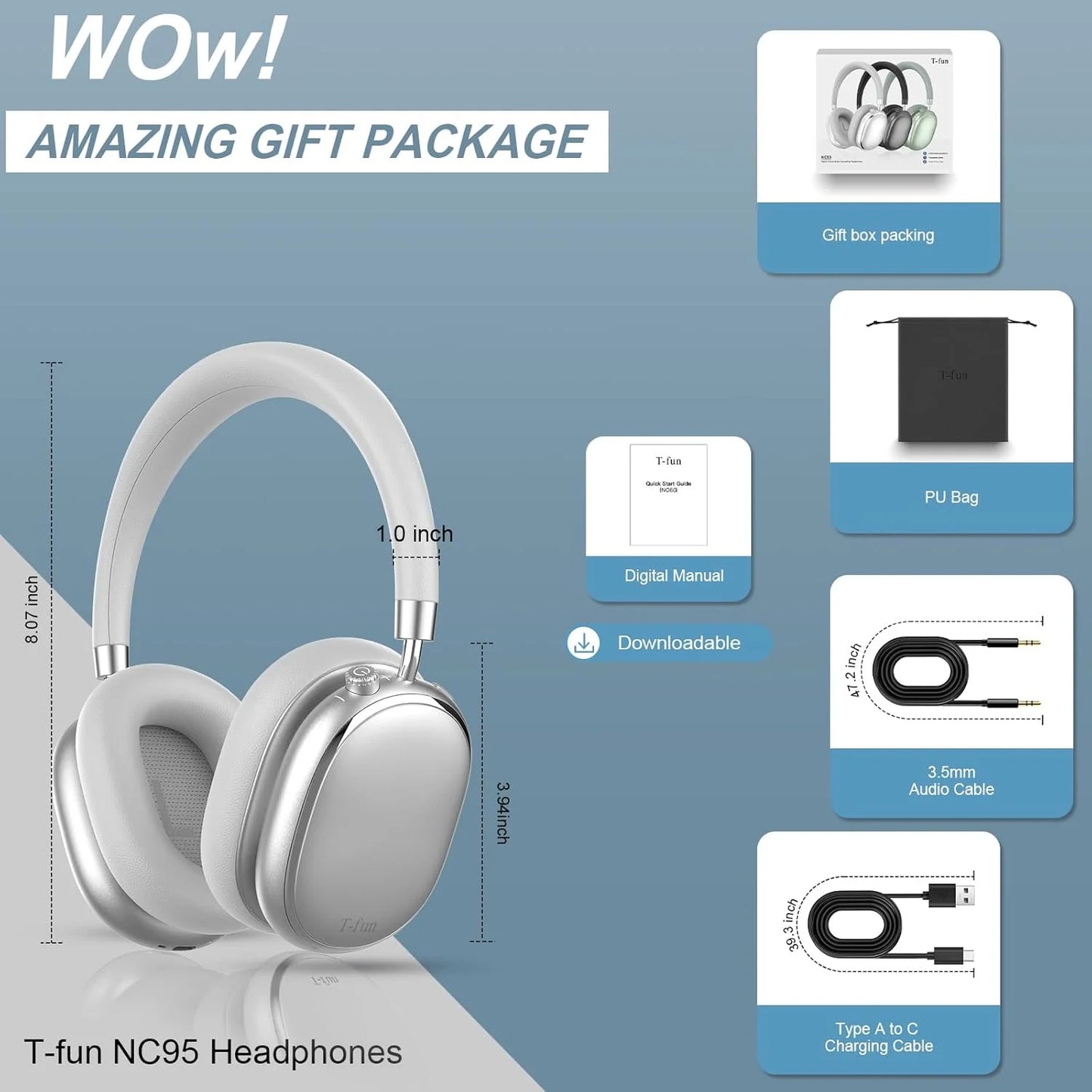 T-fun NC95 Bluetooth Hybrid Active Noise Cancelling Headphones, Built-in Mic, 65H Playtime, App Control, Hi-Res Audio