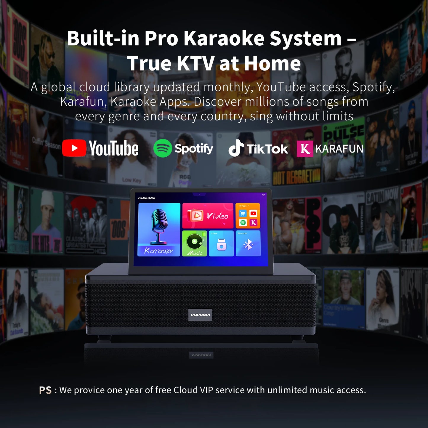 InAndOn M6 Karaoke Machine 12.2" Touch Screen 800W Speaker 2 Wireless Mics YouTube Cloud Library Bluetooth WiFi Home KTV System
