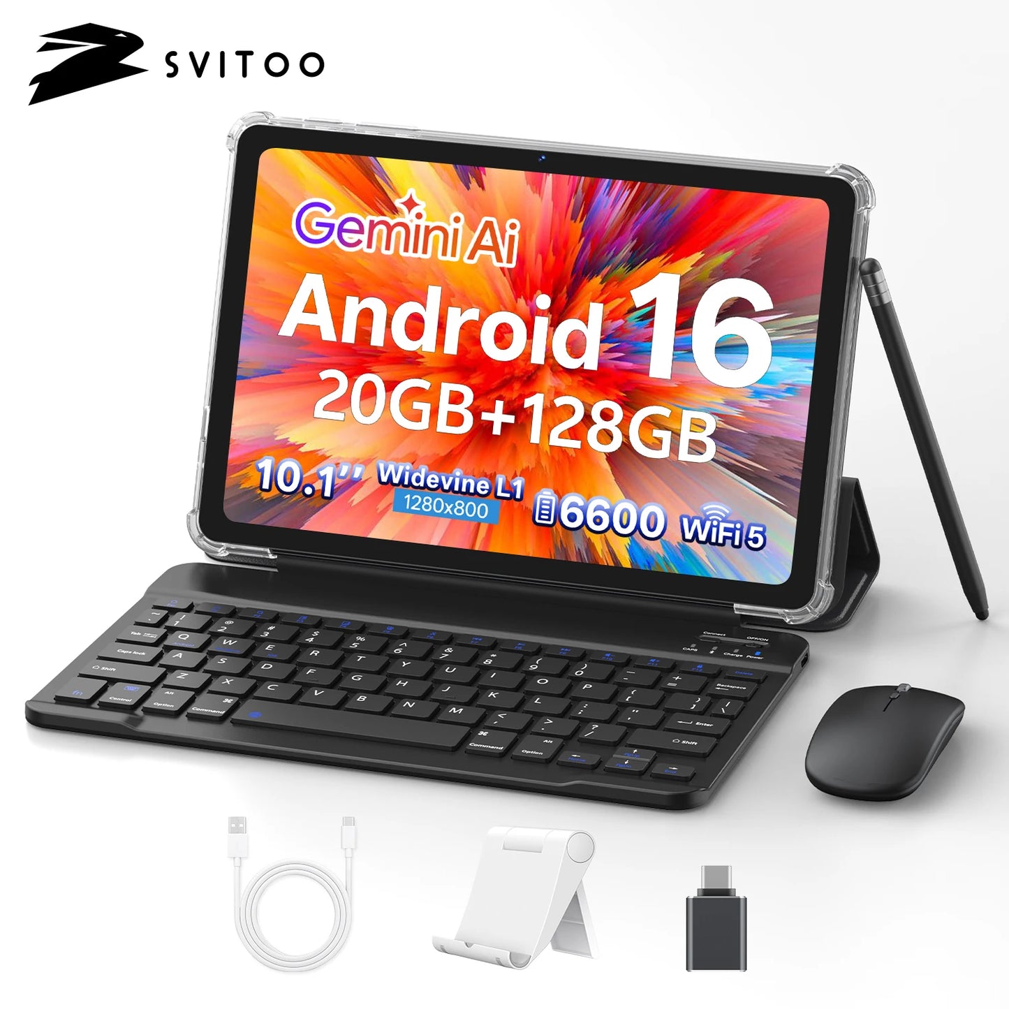 SVITOO Tablet 2026 Android 16 10.1 Inch Octa-Core Processor 20GB RAM 128GB ROM 6600mAh Battery WiFi GPS With Case Keyboard Mouse