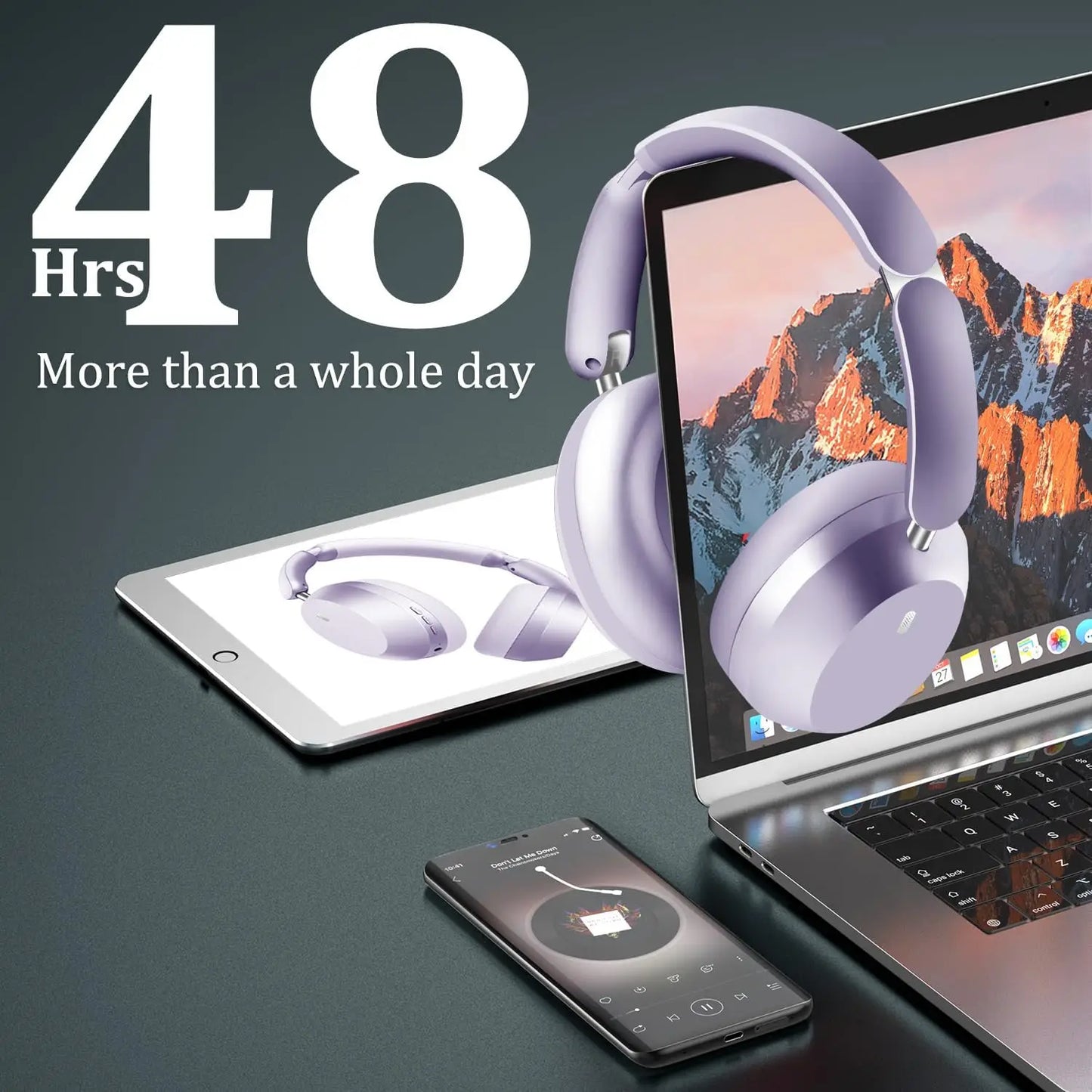 Active Noise Cancelling Wireless Over-Ear Headphones, 48H Playtime, Foldable Design with Soft Ear Cushions for Travel - Purple