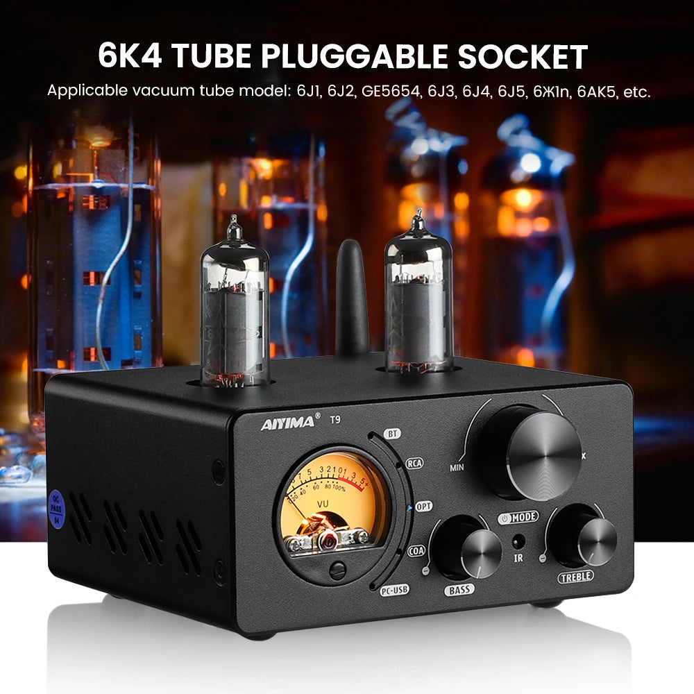 AIYIMA Audio T9 Bluetooth 5.0 Vacuum Tube Amplifier USB DAC Stereo Receiver COAX/OPT HiFi Home Audio Digital Amp w/VU Meter 100W
