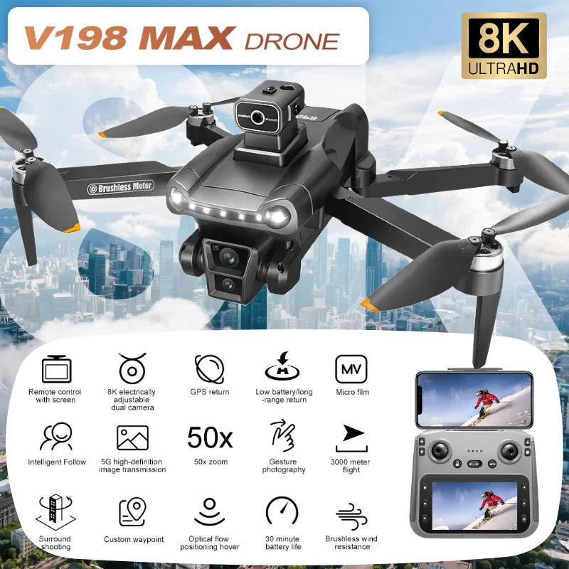 NEW for Genuine V198 MAX Drone GPS 8K Professional Camera Aerial FPV Brush Laser Obstacle with Large Screen Remote Control Dron