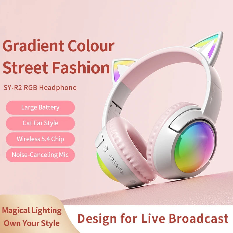 Cute Cat Ear RGB Wireless Headphones, Bluetooth 5.4, 350mAh Battery, 20H Playtime, Foldable Over-Ear Headset with Mic, HiFi Soun