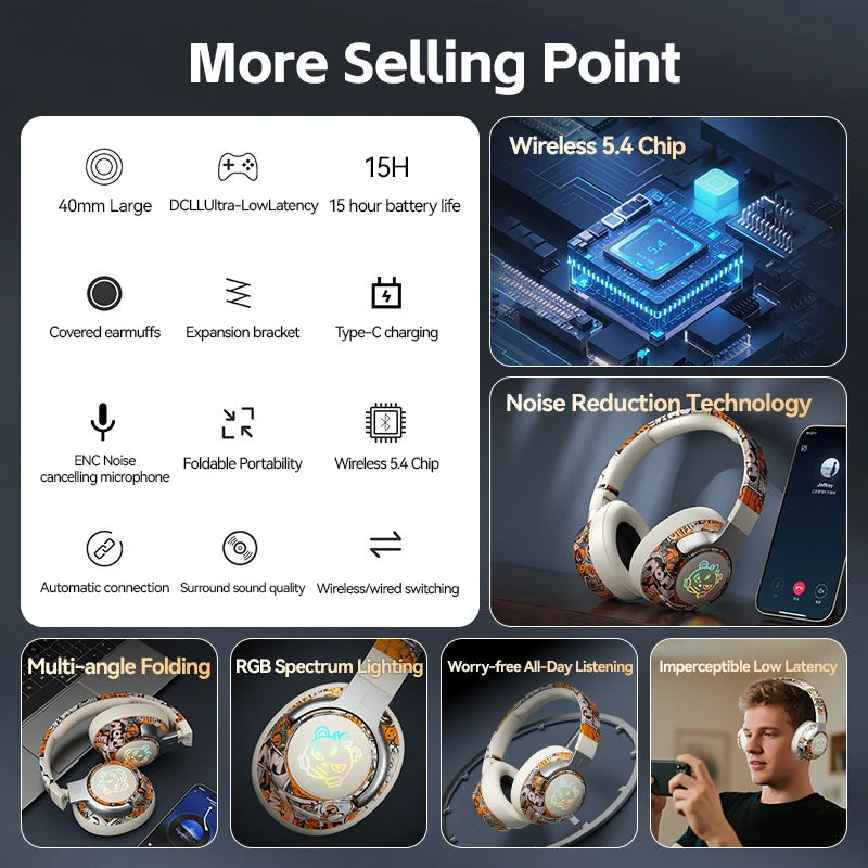 Cool Graffiti Bluetooth Headphones LED Light Foldable Rotatable Design 40mm Driver 15H Playtime Headset With Mic