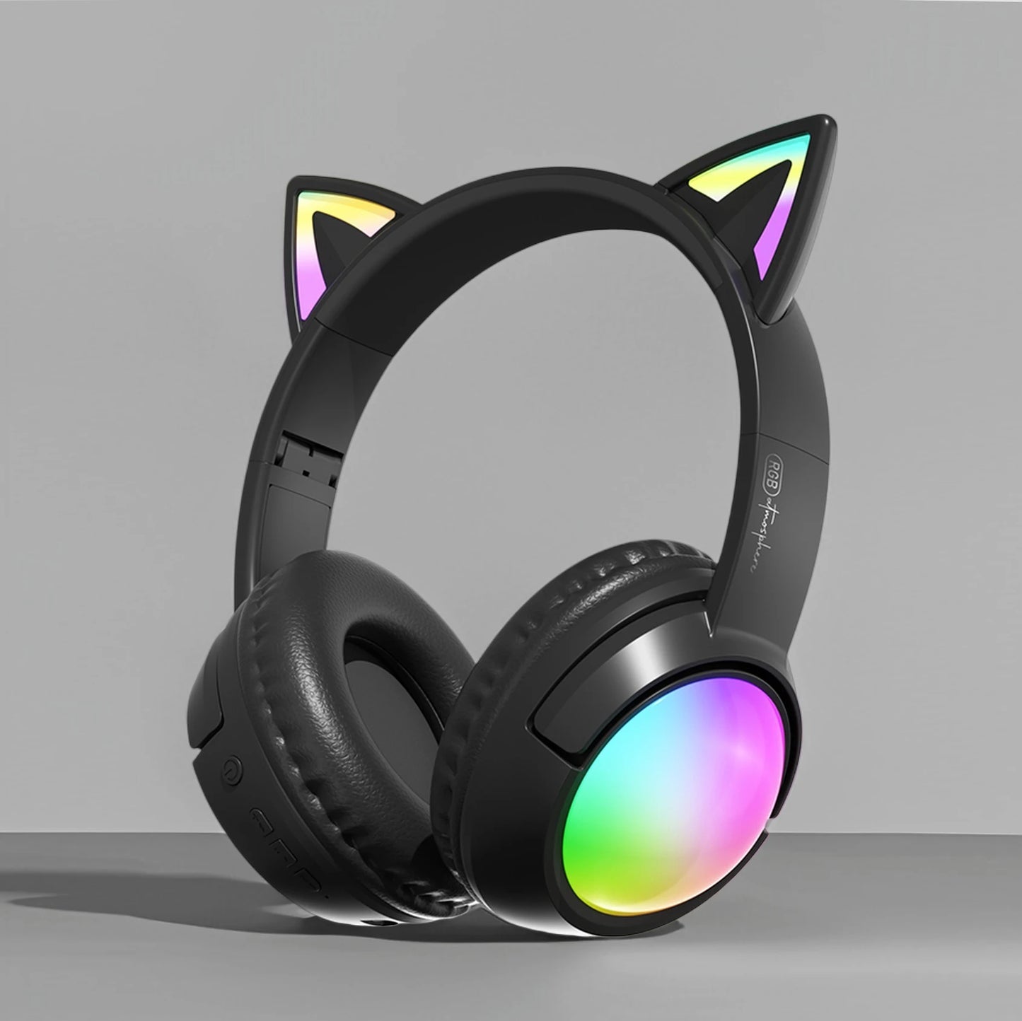 Cute Cat Ear RGB Wireless Headphones, Bluetooth 5.4, 350mAh Battery, 20H Playtime, Foldable Over-Ear Headset with Mic, HiFi Soun