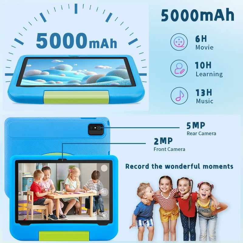 10.1inch 2025 Android Kids Tablet with 8GB RAM + 64GB ROM, Dual Camera, 1280x800 IPS Display, 5000mAh Battery, Dual-Band WiFi 6