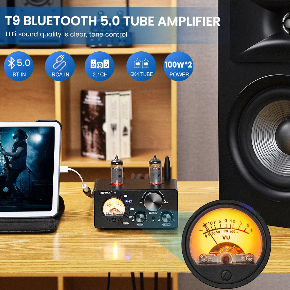 AIYIMA Audio T9 Bluetooth 5.0 Vacuum Tube Amplifier USB DAC Stereo Receiver COAX/OPT HiFi Home Audio Digital Amp w/VU Meter 100W