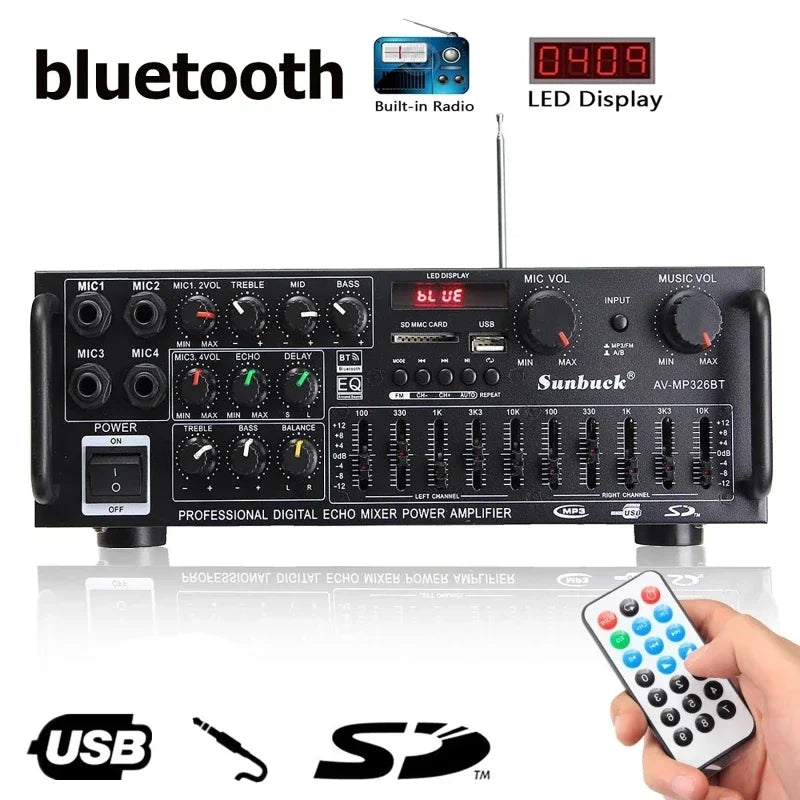 2000W bluetooth Audio Power Amplifier HiFi Amp Speaker 12V AV Amp Speaker Remote Control For Car Home Square Dancing 2.0 Channel