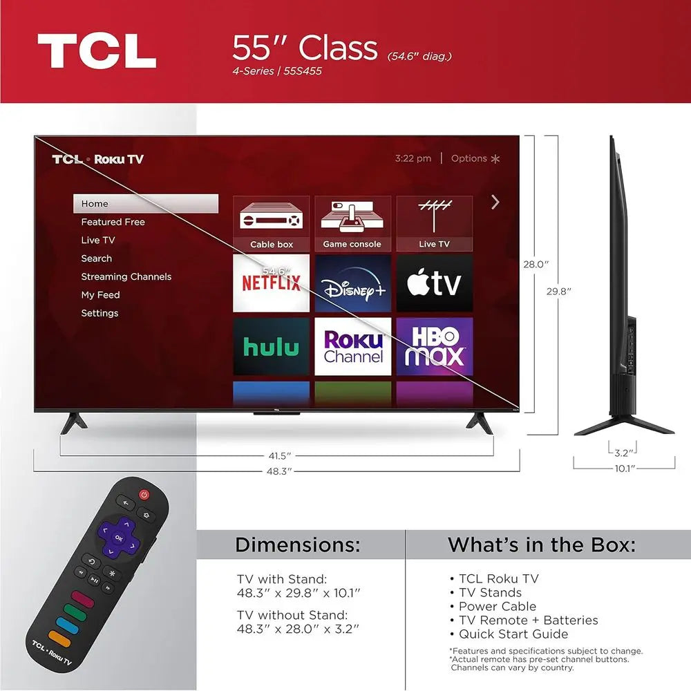 55" Class 4-Series 4K UHD HDR Smart u TV(Wi-i, R, USB, Ethernet, HDMI) - 55S455