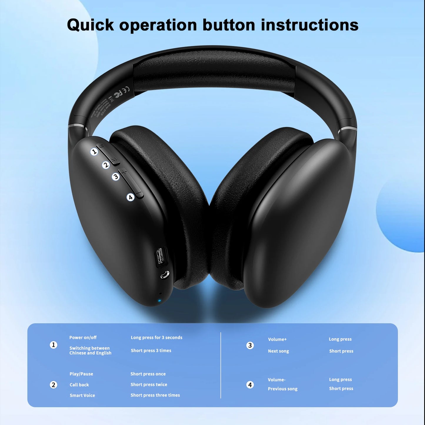 BT1638 Bluetooth 5.4 Headphones Over Ear 40mm Driver 40H Playtime Type-C Charging Wireless Headset Over Ear Wireless Headphones