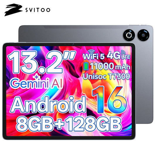 SVITOO Tablet 2026 Android 16 13 Inch 2K Display Unisoc T7300 8GB RAM 128GB ROM 11000mAh 4G LTE WiFi 5 BT 5.0 20W Fast Charging