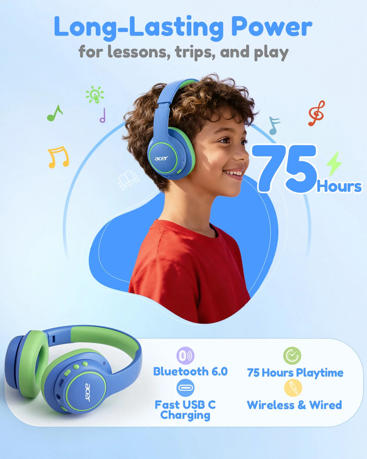 Acer OHR702 Kids Bluetooth 6.0 Headphones Over Ear Headphone with Mic 85dBA Safe Volume USB C Fast Charging Toddler Headphones