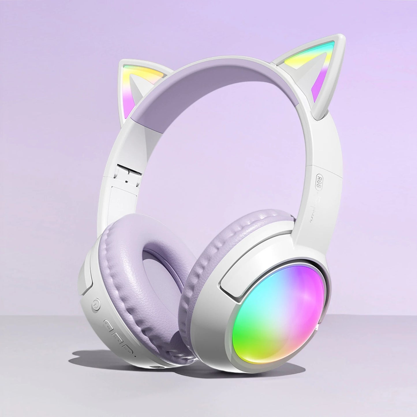 Cute Cat Ear RGB Wireless Headphones, Bluetooth 5.4, 350mAh Battery, 20H Playtime, Foldable Over-Ear Headset with Mic, HiFi Soun