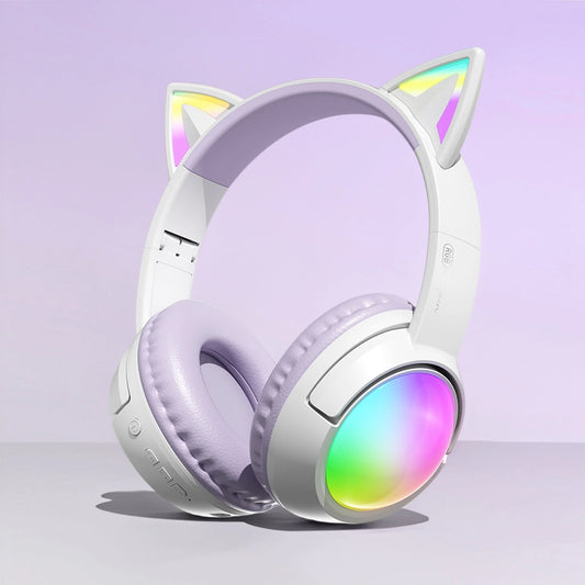 Cute Cat Ear RGB Wireless Headphones, Bluetooth 5.4, 350mAh Battery, 20H Playtime, Foldable Over-Ear Headset with Mic, HiFi Soun