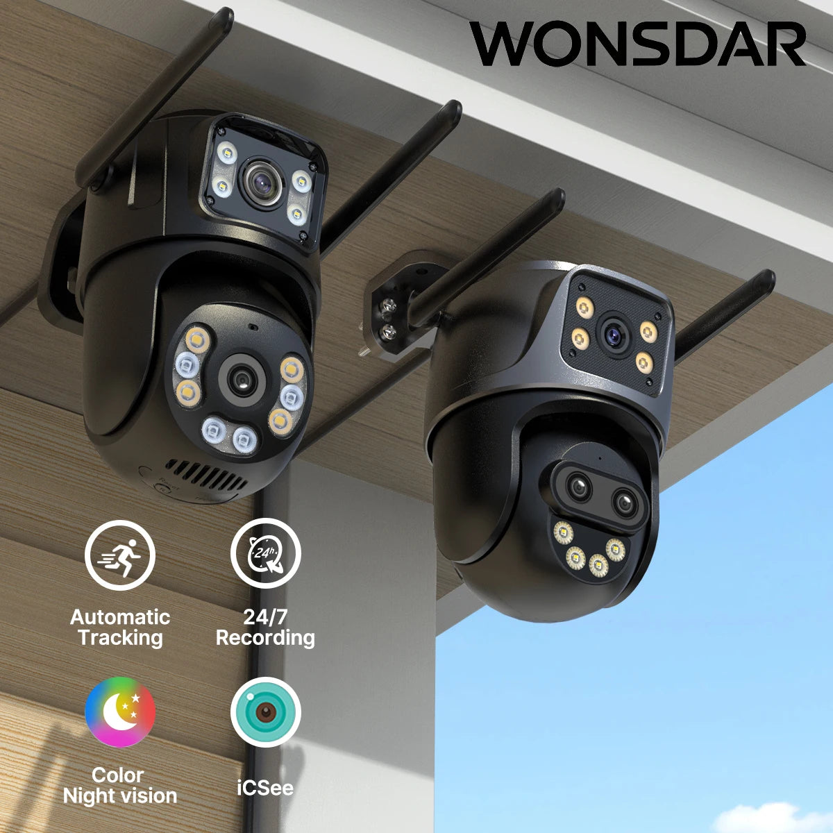 WONSDAR Three Lens PTZ IP Camera Outdoor HD Dual Lens WiFi Security Camera Auto Tracking Dual Len Wirelss CCTV Camera iCsee