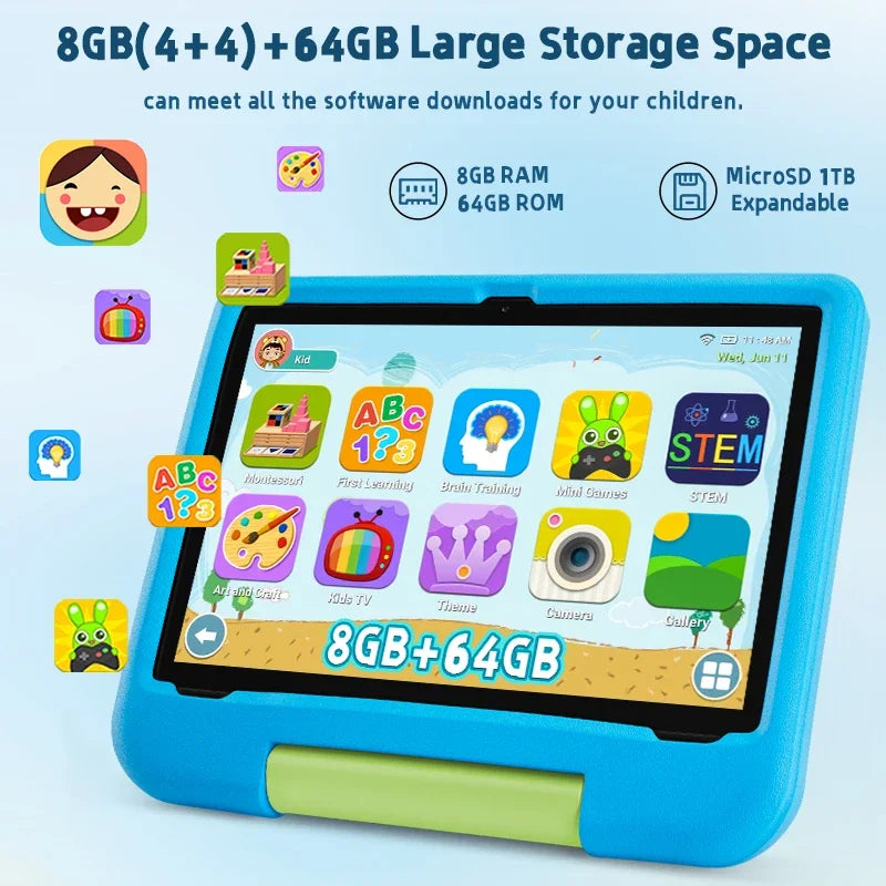 10.1inch 2025 Android Kids Tablet with 8GB RAM + 64GB ROM, Dual Camera, 1280x800 IPS Display, 5000mAh Battery, Dual-Band WiFi 6