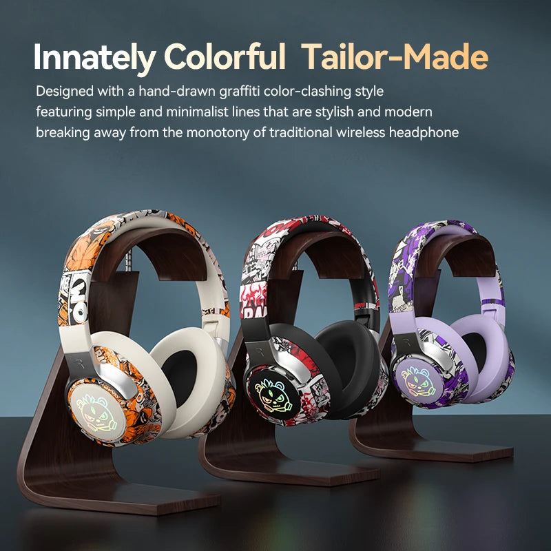 Cool Graffiti Bluetooth Headphones LED Light Foldable Rotatable Design 40mm Driver 15H Playtime Headset With Mic