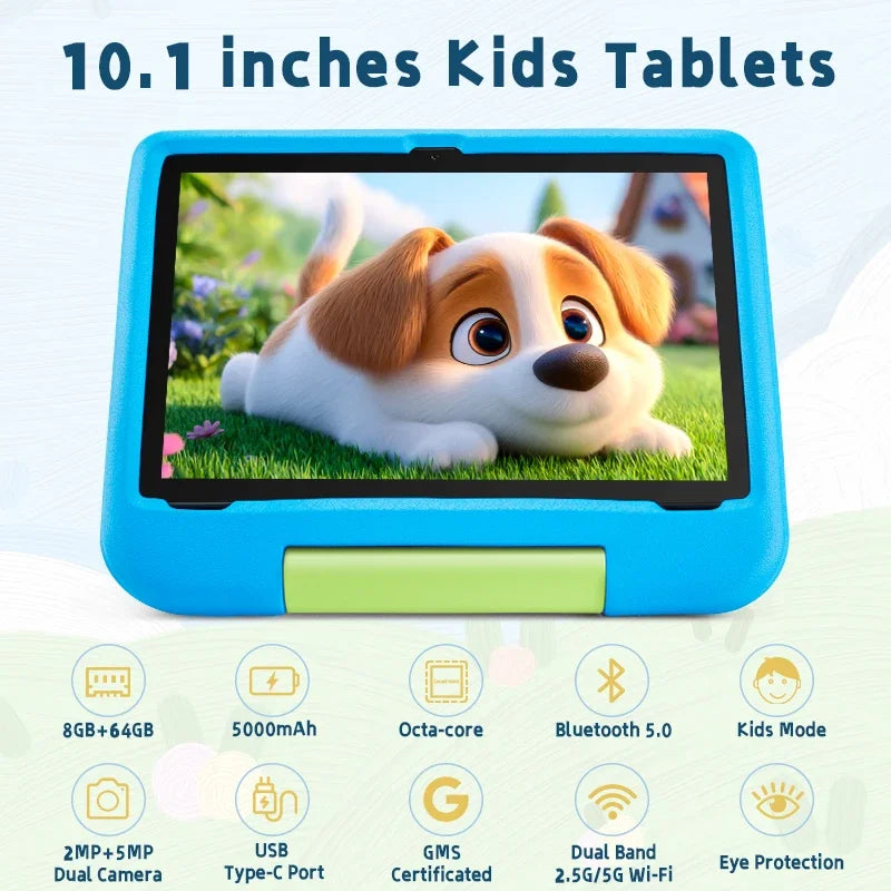 10.1inch 2025 Android Kids Tablet with 8GB RAM + 64GB ROM, Dual Camera, 1280x800 IPS Display, 5000mAh Battery, Dual-Band WiFi 6