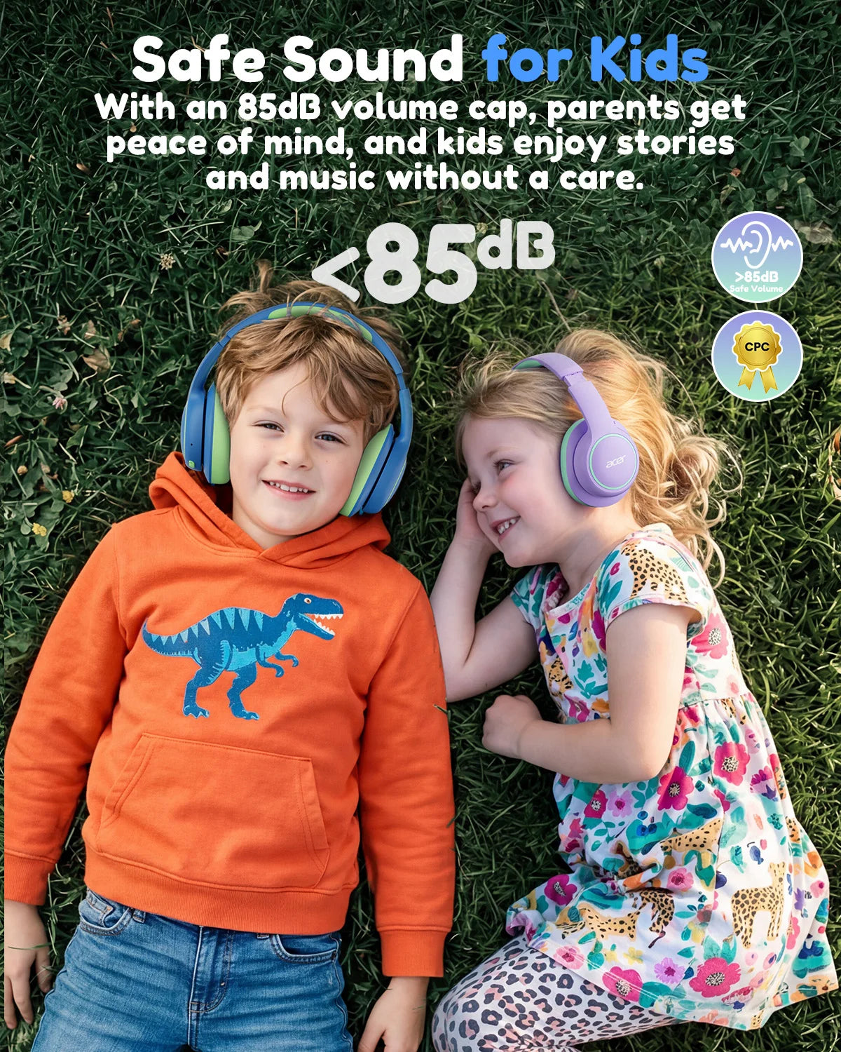 Acer OHR702 Kids Bluetooth 6.0 Headphones Over Ear Headphone with Mic 85dBA Safe Volume USB C Fast Charging Toddler Headphones