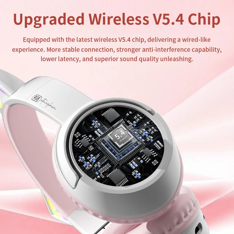 Cute Cat Ear RGB Wireless Headphones, Bluetooth 5.4, 350mAh Battery, 20H Playtime, Foldable Over-Ear Headset with Mic, HiFi Soun