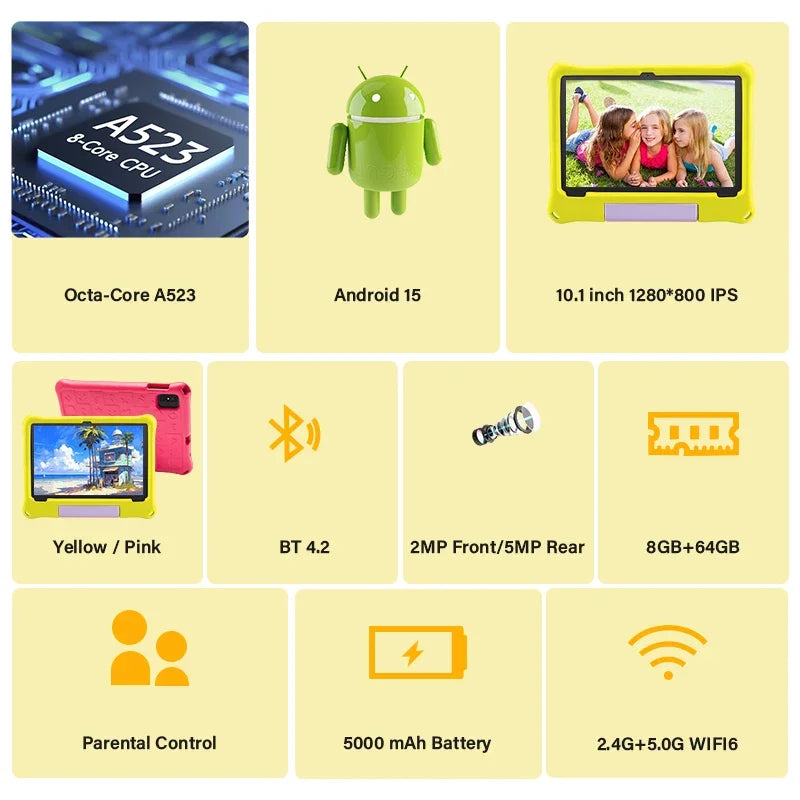 Paitanry 10.1 inch Kids Android 15 Tablet 8GB (4+4GB) RAM 64GB ROM 5000Mah Octa-core Wifi Children's Learning Educational Tablet