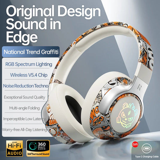 Cool Graffiti Bluetooth Headphones LED Light Foldable Rotatable Design 40mm Driver 15H Playtime Headset With Mic