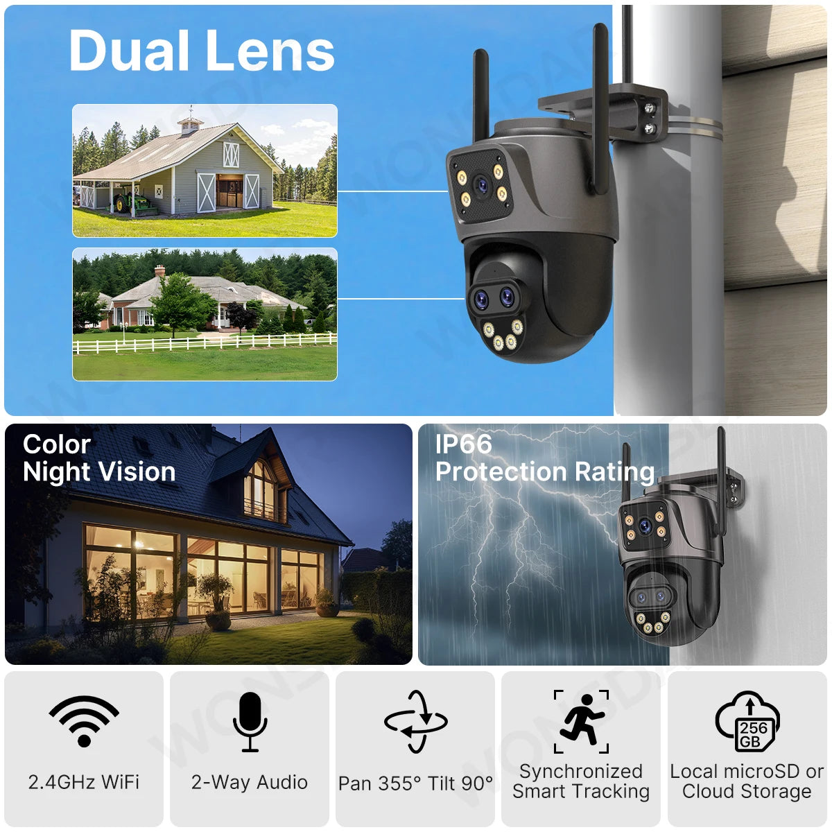 WONSDAR Three Lens PTZ IP Camera Outdoor HD Dual Lens WiFi Security Camera Auto Tracking Dual Len Wirelss CCTV Camera iCsee