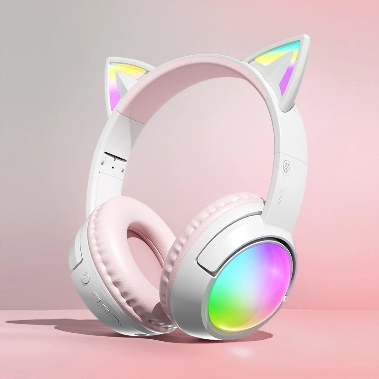 Cute Cat Ear RGB Wireless Headphones, Bluetooth 5.4, 350mAh Battery, 20H Playtime, Foldable Over-Ear Headset with Mic, HiFi Soun