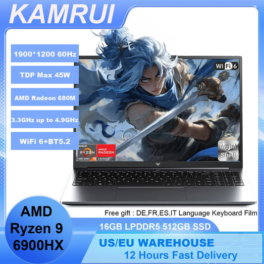 Gaming Laptop 16inch AMD Ryzen 9 6900HX 16GB LPDDR5 512GB M.2 NVMe PCIe3.0 SSD Radeon 680M Win11PRO WiFi6 Backlit KB Book