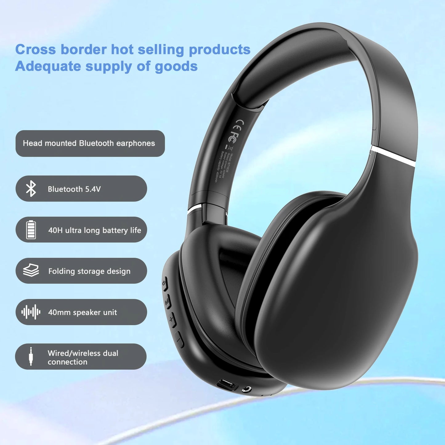 BT1638 Bluetooth 5.4 Headphones Over Ear 40mm Driver 40H Playtime Type-C Charging Wireless Headset Over Ear Wireless Headphones
