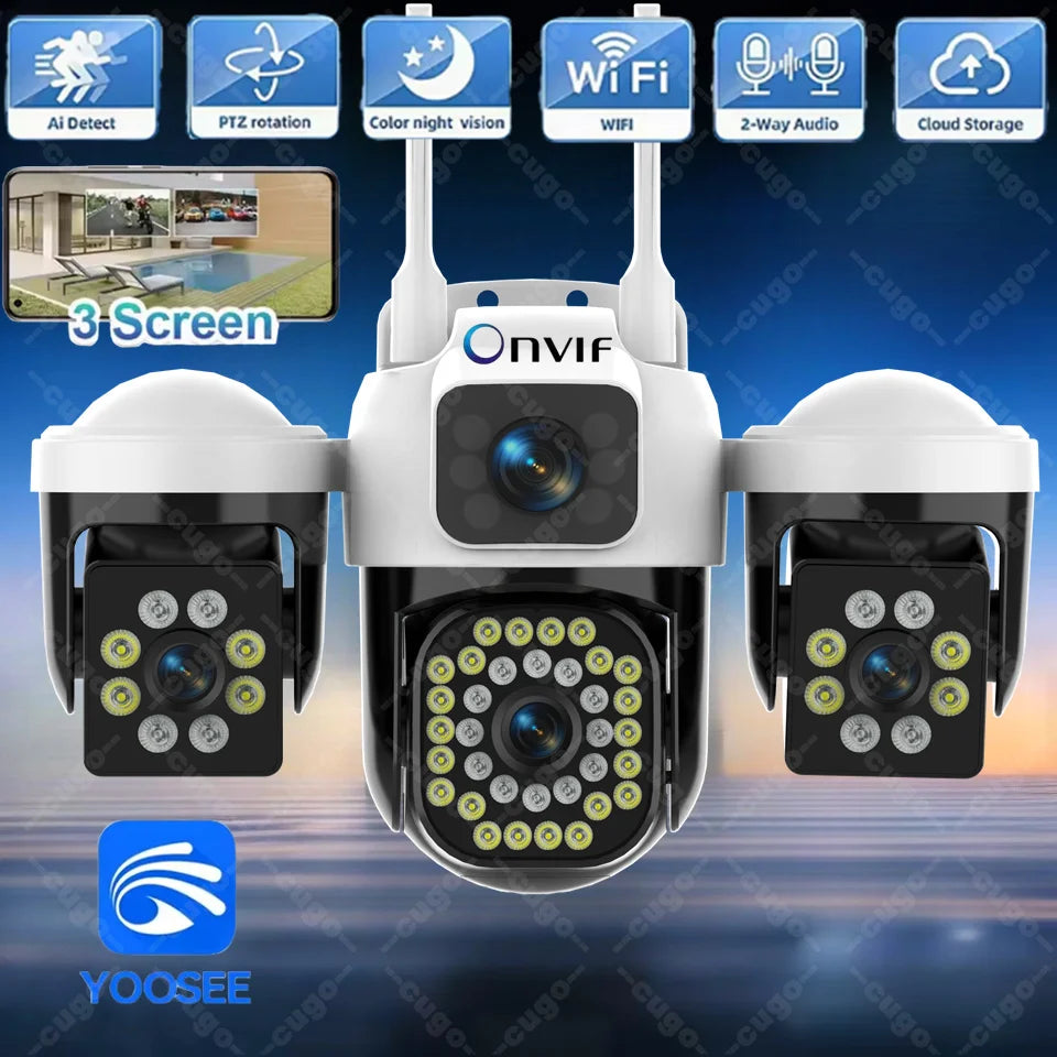 WiFi IP Camera Outdoor 15MP 8K Triple Lens Triple Screen Security Video Monitor Night Vision Waterproof 10X Zoom Onvif CCTV Cam