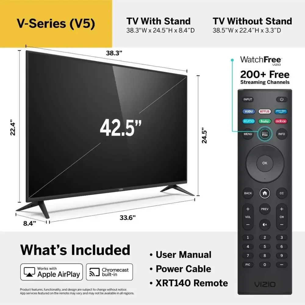 43 Inch 4K Smart TV, V-Series UHD HDR Teion with AirPlay and Chromecast Built-in