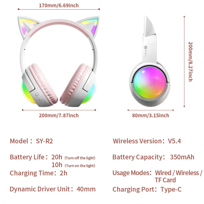 Cute Cat Ear RGB Wireless Headphones, Bluetooth 5.4, 350mAh Battery, 20H Playtime, Foldable Over-Ear Headset with Mic, HiFi Soun