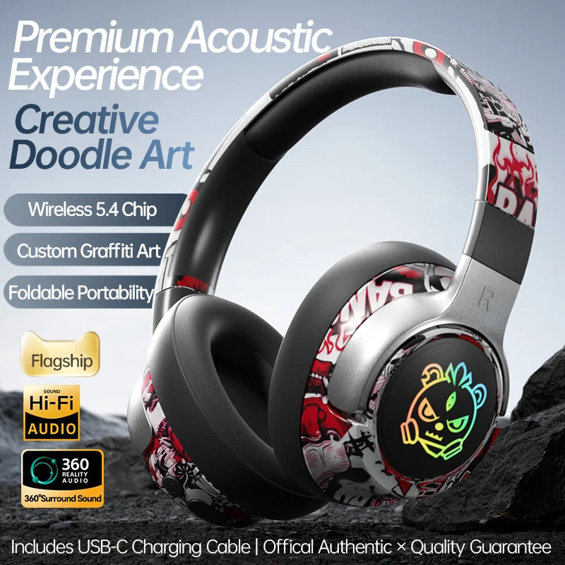 Cool Graffiti Bluetooth Headphones LED Light Foldable Rotatable Design 40mm Driver 15H Playtime Headset With Mic