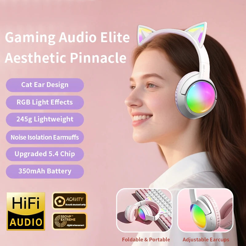 Cute Cat Ear RGB Wireless Headphones, Bluetooth 5.4, 350mAh Battery, 20H Playtime, Foldable Over-Ear Headset with Mic, HiFi Soun
