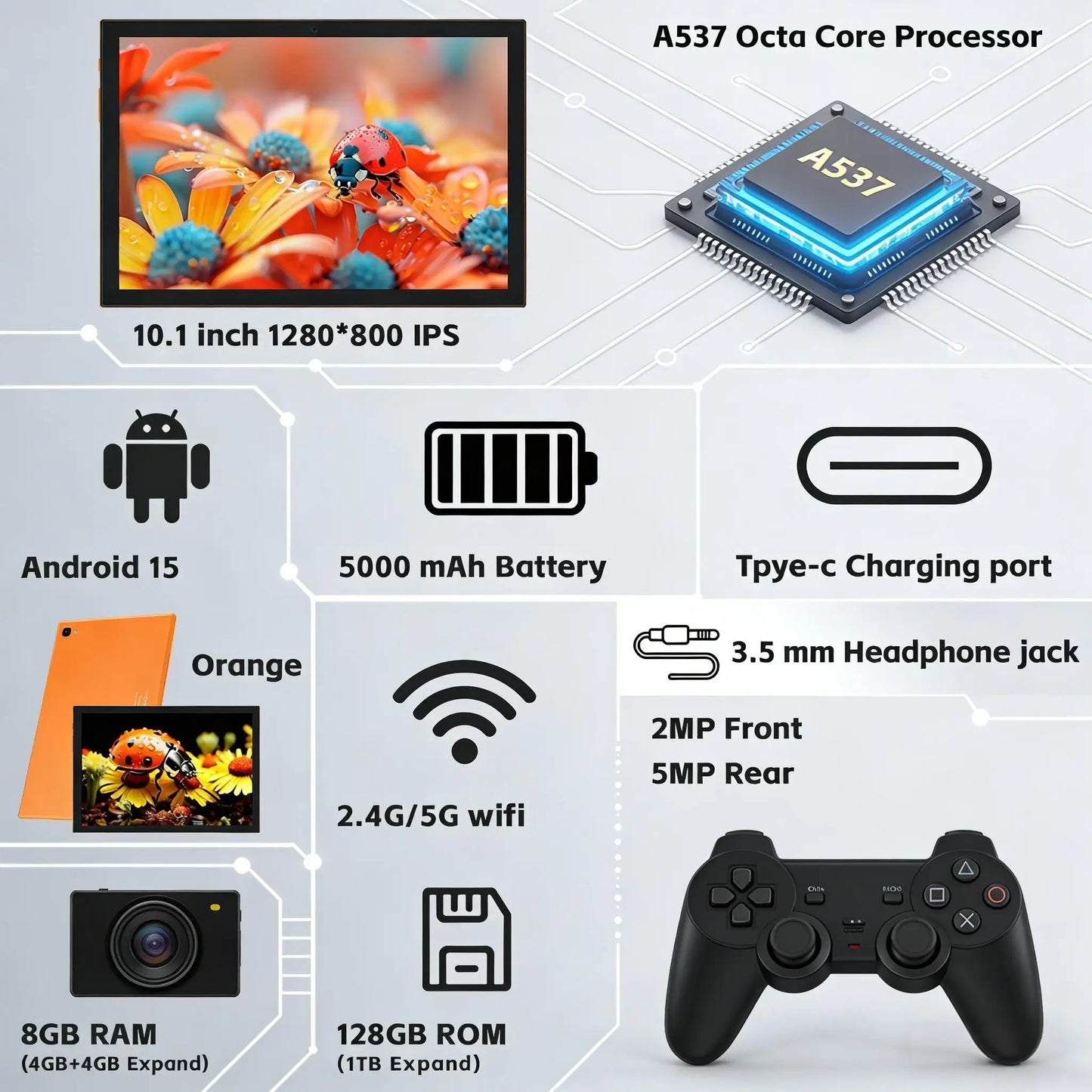 Paitanry 2026 Android 15 Tablet PC 10 inch HD IPS Touch Screen 8GB RAM 128GB ROM WiFi Bluetooth Dual Cameras GPS Student Tablet